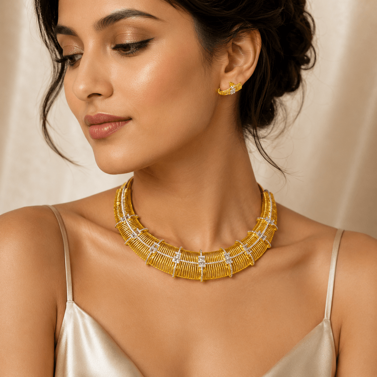 Royal Gold Finish Choker Necklace Set with Diamond Cut CZ Work for Women - Image 3