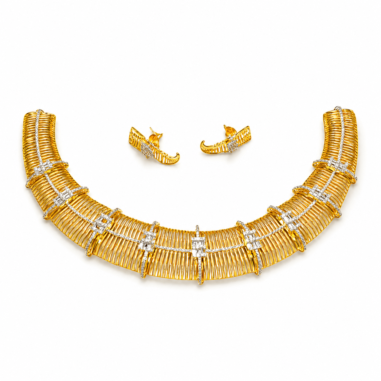 Royal Gold Finish Choker Necklace Set with Diamond Cut CZ Work for Women