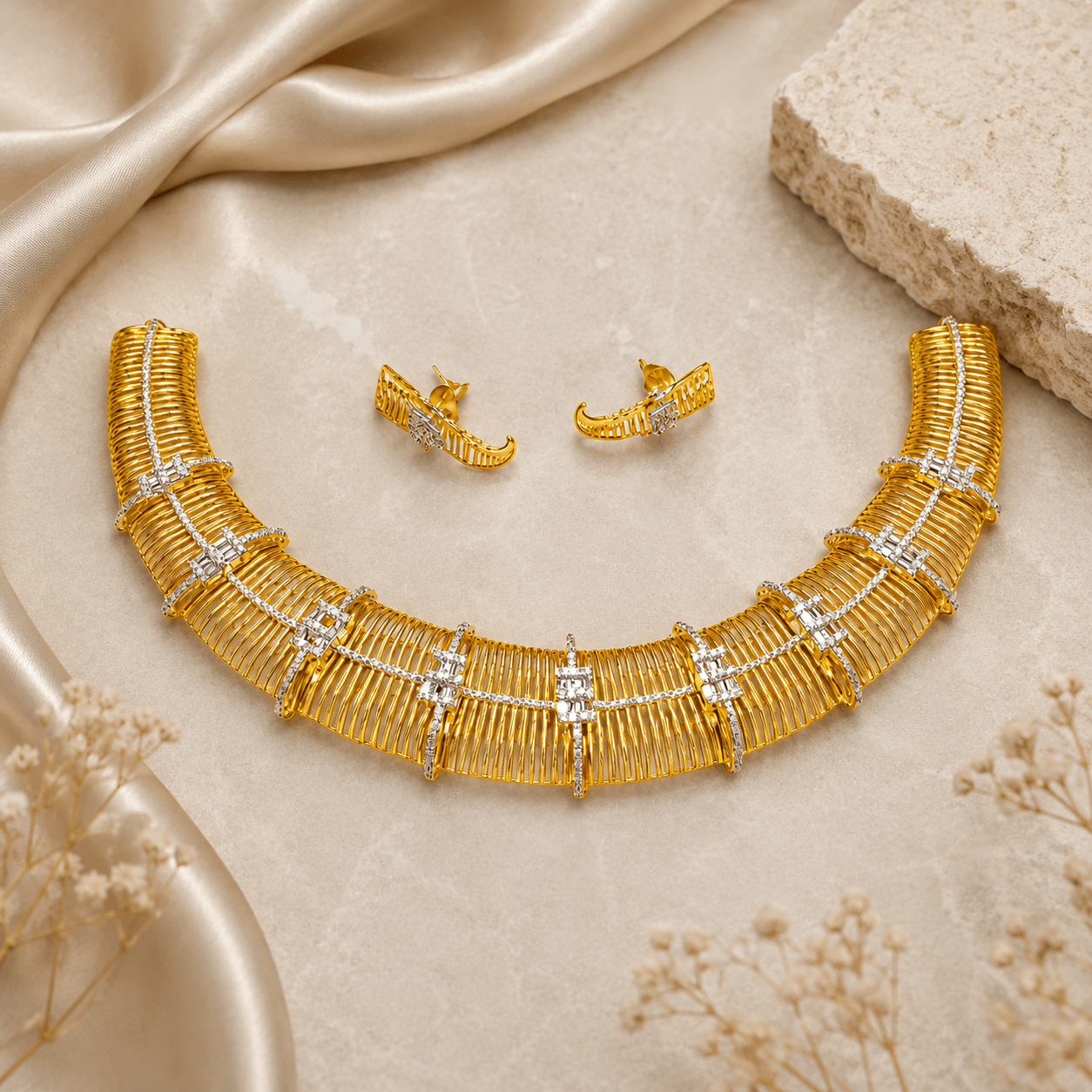 Royal Gold Finish Choker Necklace Set with Diamond Cut CZ Work for Women - Image 2