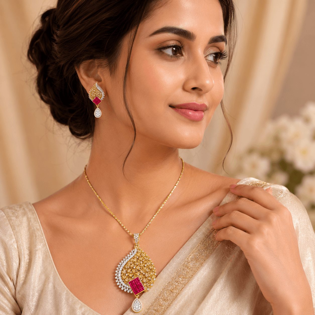 Royal Ruby Drop Pendant & Earrings Set for Women - Image 3