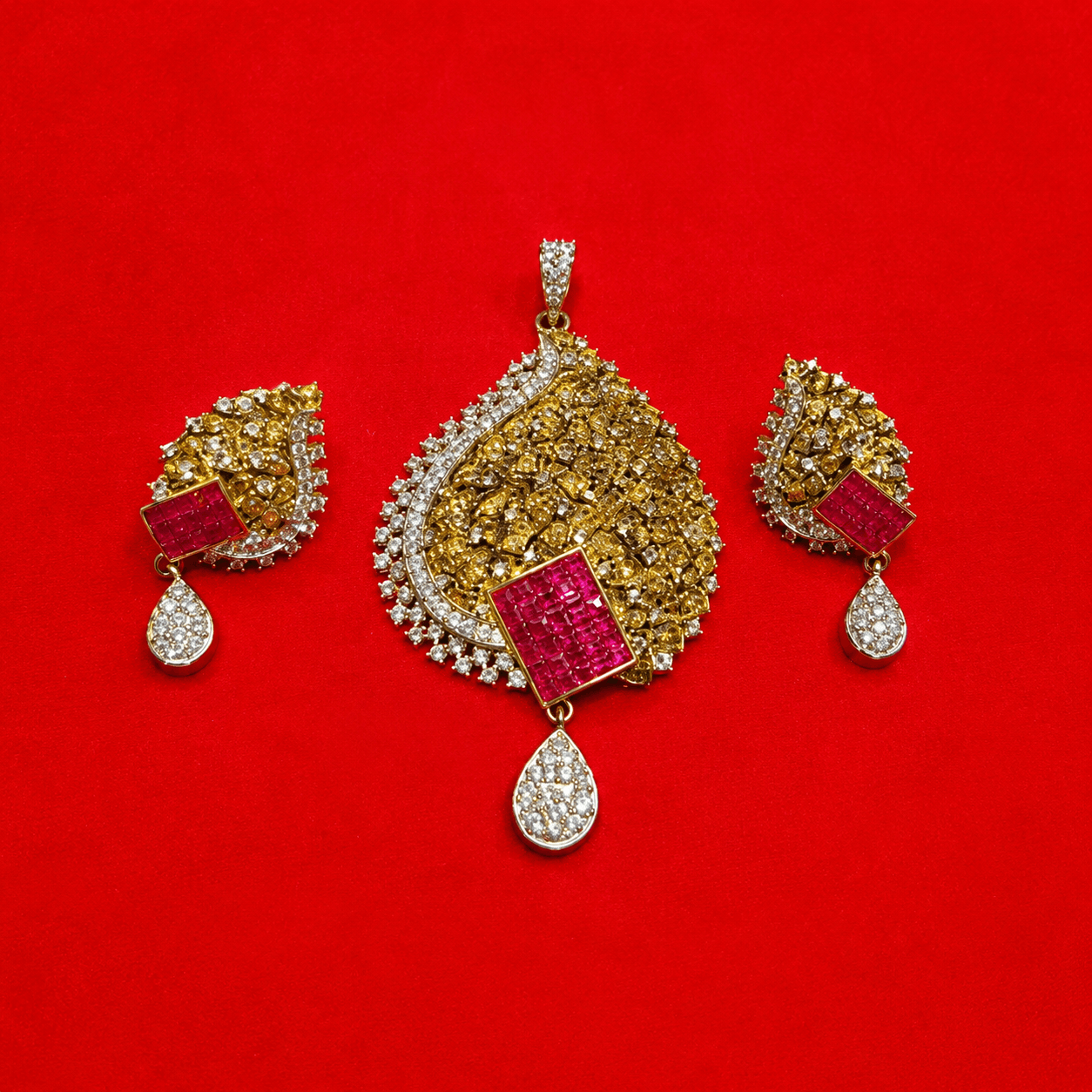 Royal Ruby Drop Pendant & Earrings Set for Women