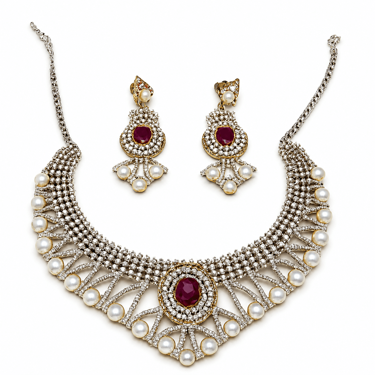 Royal Ruby Pearl Bridal Necklace Set for Women