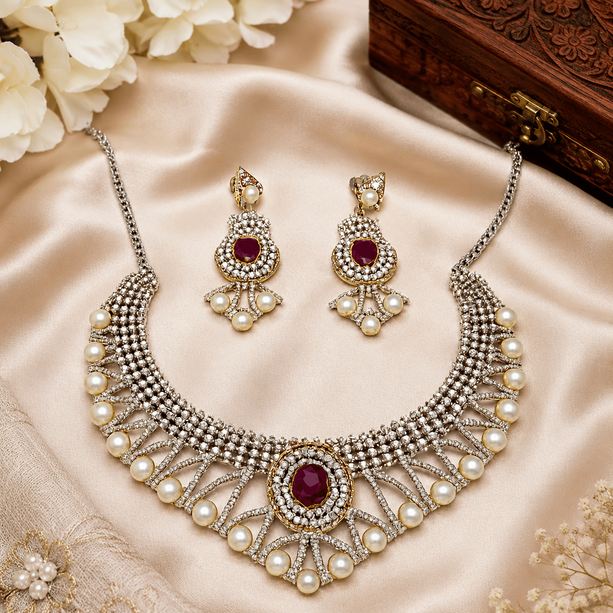 Royal Ruby Pearl Bridal Necklace Set for Women - Image 2