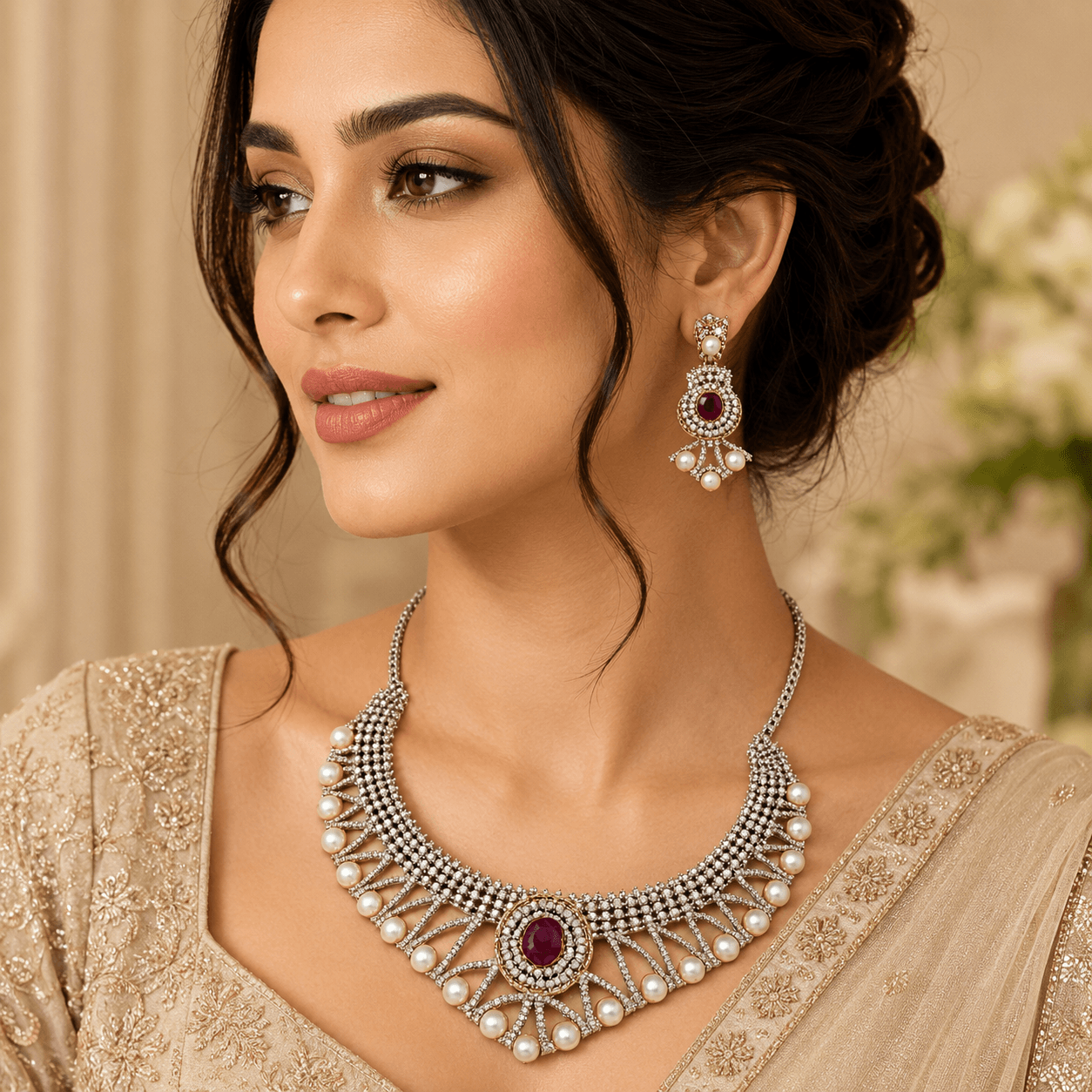 Royal Ruby Pearl Bridal Necklace Set for Women - Image 3