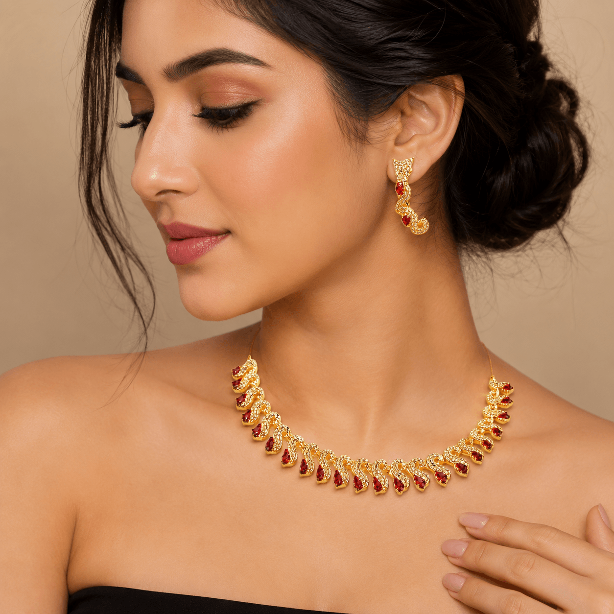 Ruby Red Gold-Plated Necklace Set for Women - Image 3