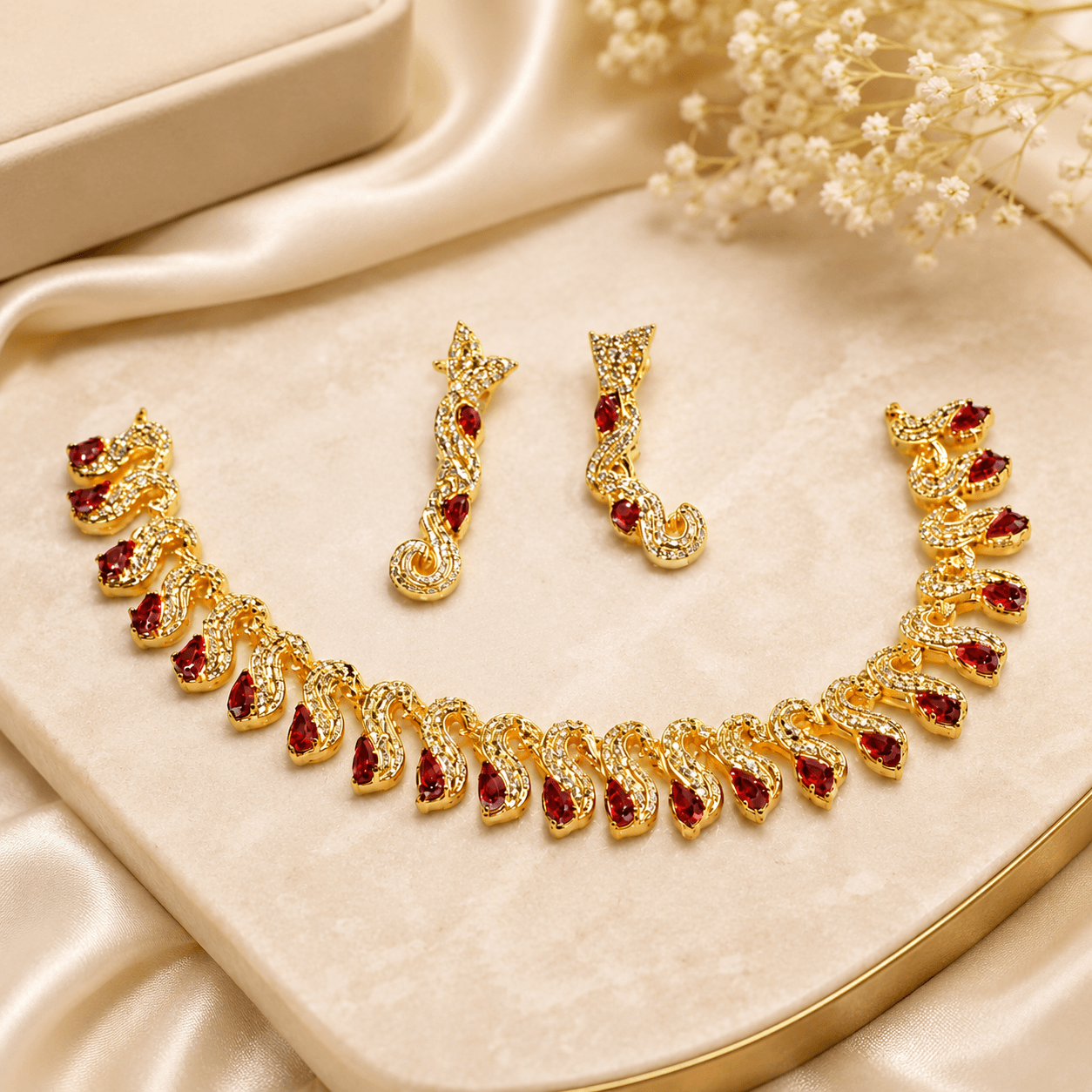 Ruby Red Gold-Plated Necklace Set for Women - Image 2