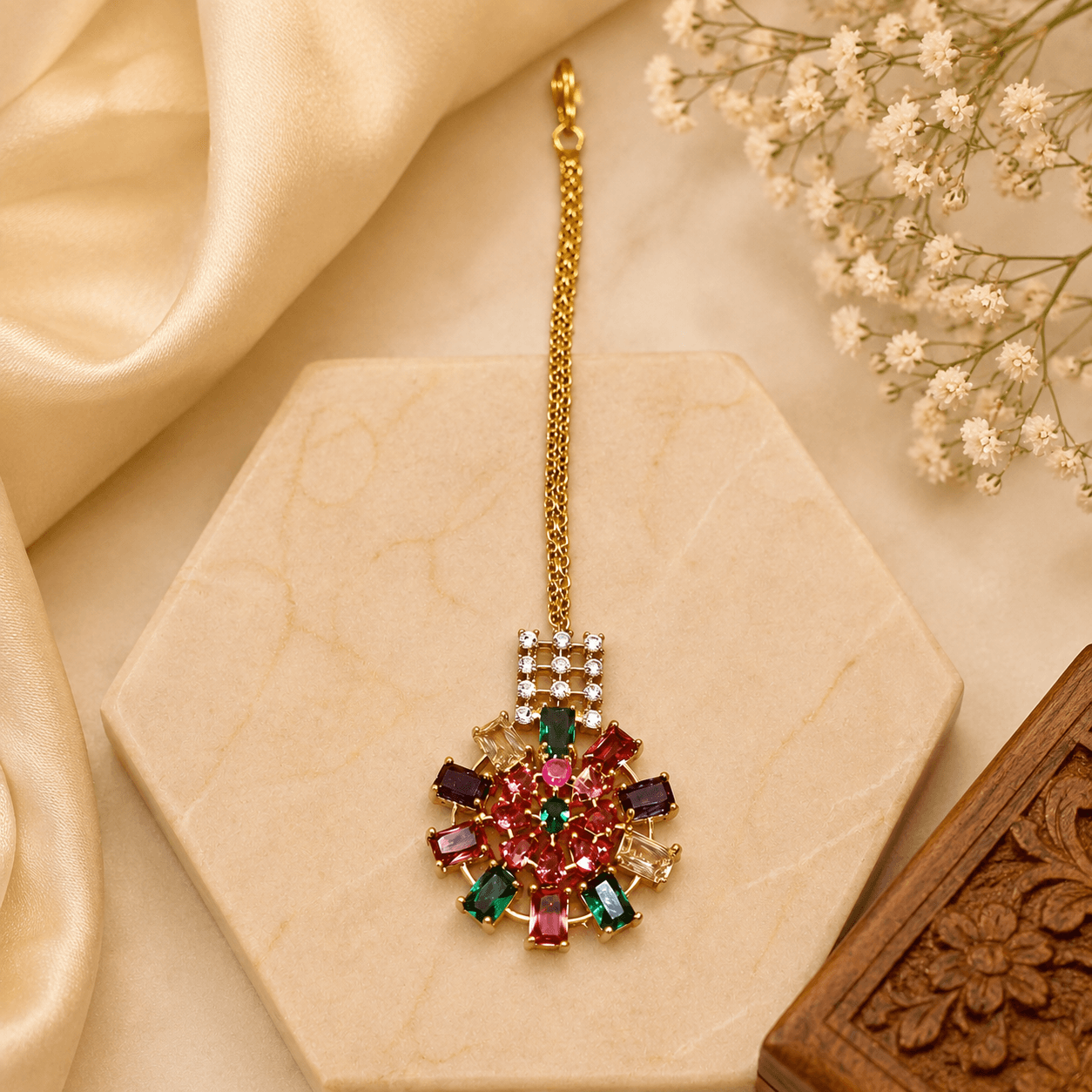 Traditional Multicolor Stone Maang Tikka for Women - Image 2