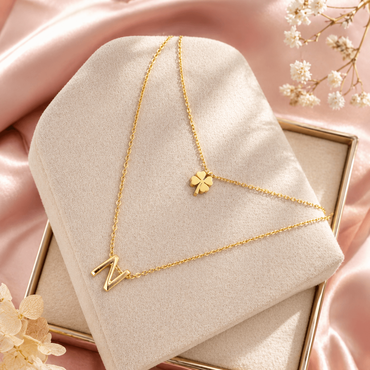 Gold Initial āNā Pendant Necklace with Clover Charm | Minimal Layered Jewelry - Image 2