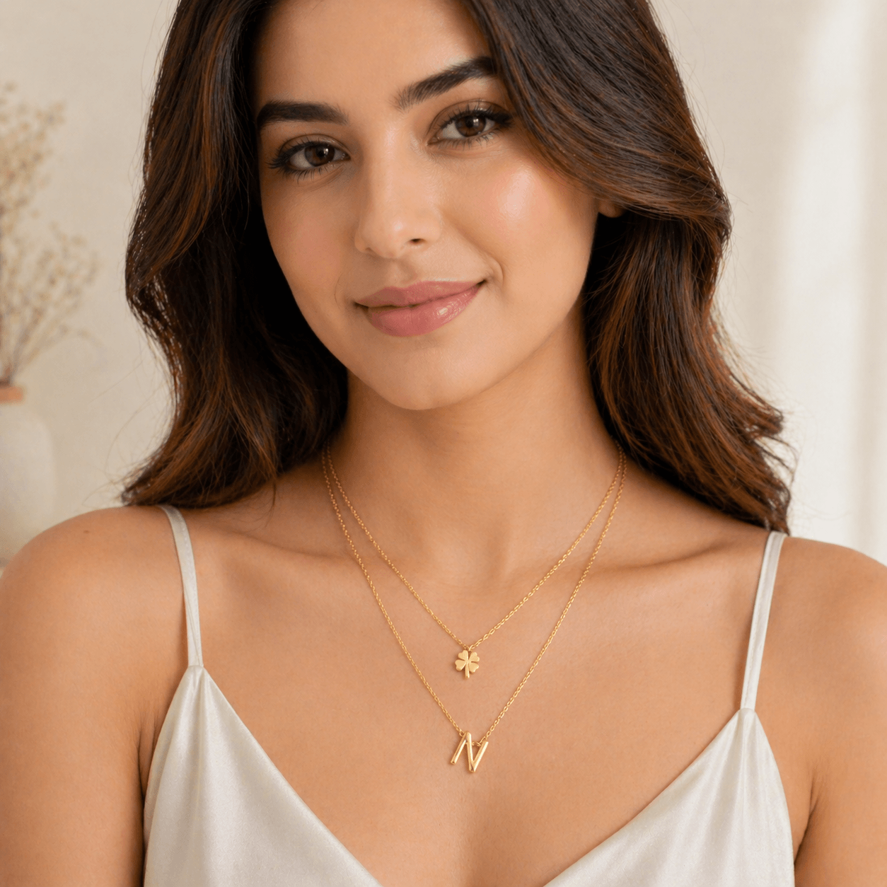 Gold Initial āNā Pendant Necklace with Clover Charm | Minimal Layered Jewelry - Image 3