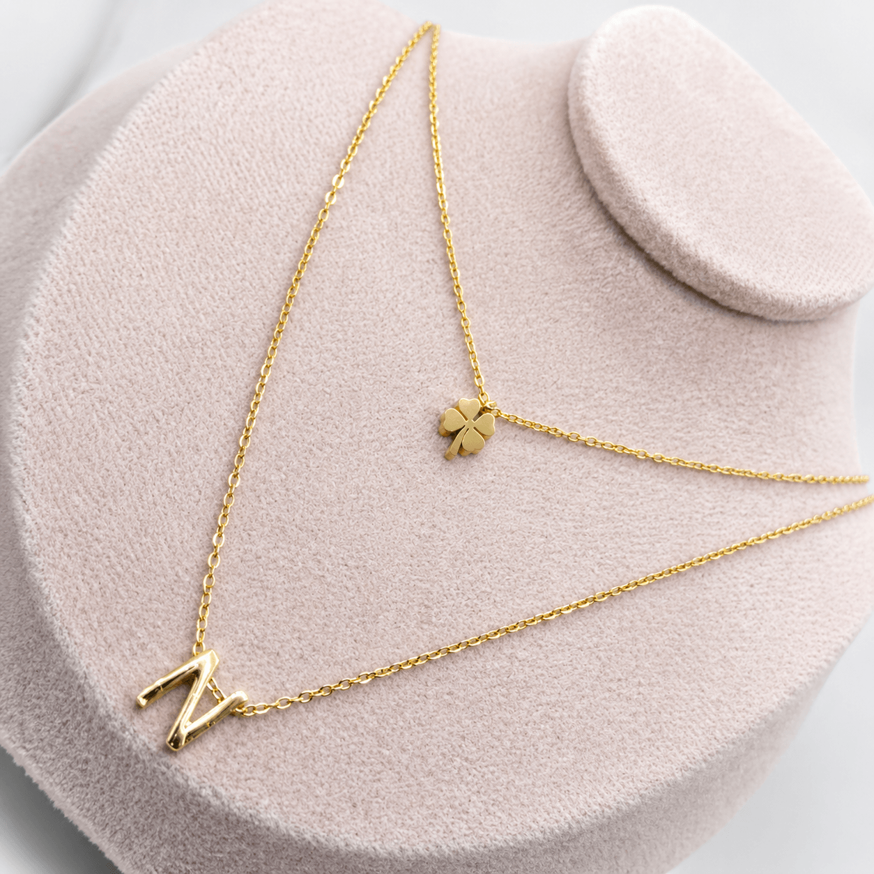 Gold Initial āNā Pendant Necklace with Clover Charm | Minimal Layered Jewelry