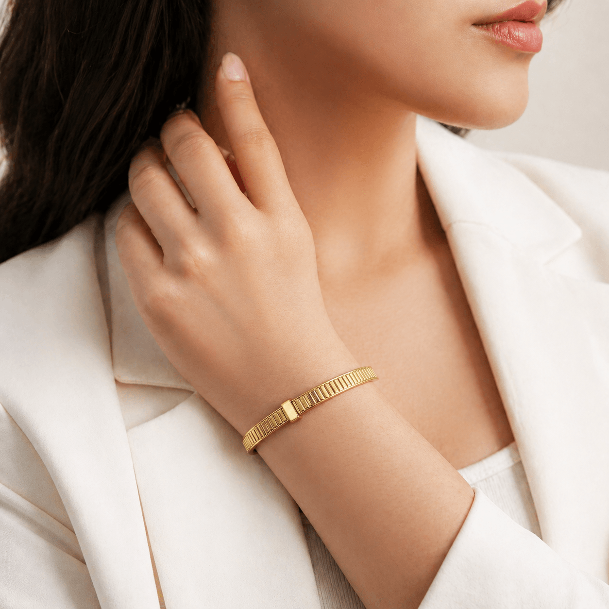 Luxury Gold Ribbed Bracelet for Women – Adjustable Minimalist Statement Bangle | Risha Fine Jewels - Image 3