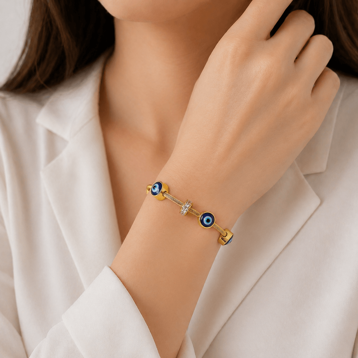 Gold-Plated Evil Eye Charm Bracelet with Crystal Accents | Adjustable Protection Bracelet for Women - Image 3