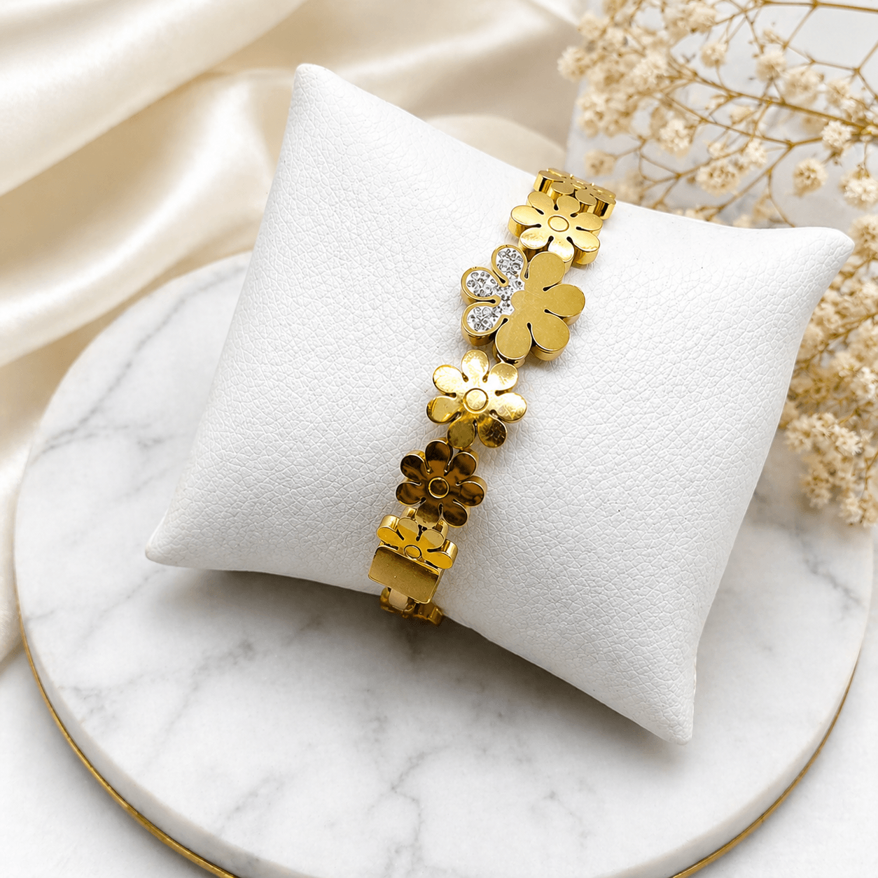 Gold Plated Floral Link Bracelet with Crystal Accents – Elegant Artificial Flower Design Bracelet - Image 2