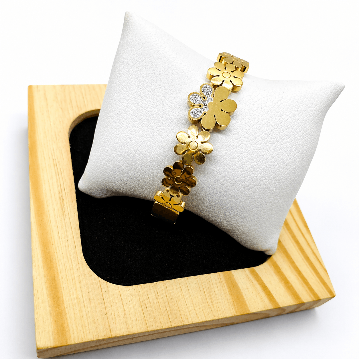 Gold Plated Floral Link Bracelet with Crystal Accents – Elegant Artificial Flower Design Bracelet