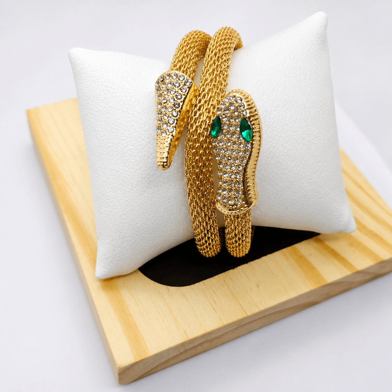 Risha Fine Jewels Gold Plated Snake Wrap Bracelet with Crystal & Emerald Green Stone Design