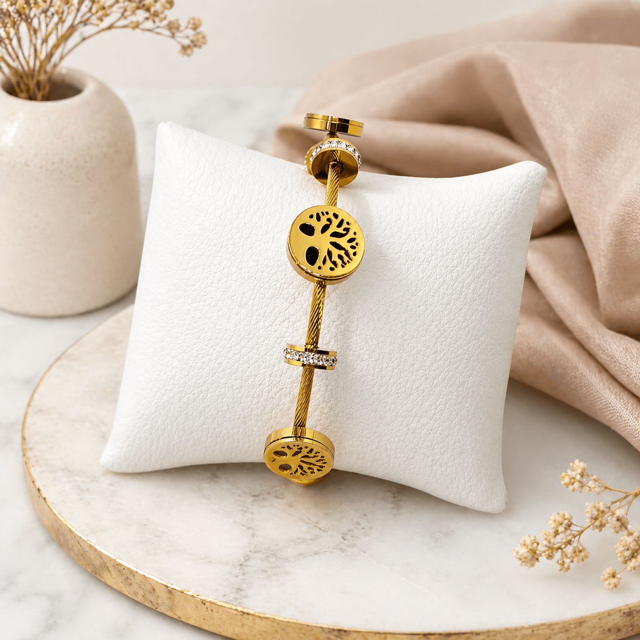 Gold Plated Tree of Life Bracelet with Crystal Ring Charm – Elegant Adjustable Bracelet for Women - Image 2