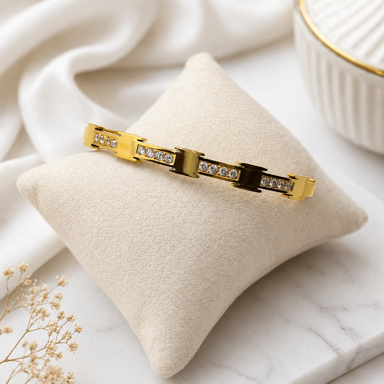 Luxury Gold-Plated Crystal Link Bracelet for Women | Stainless Steel Diamond Studded Bracelet - Image 2