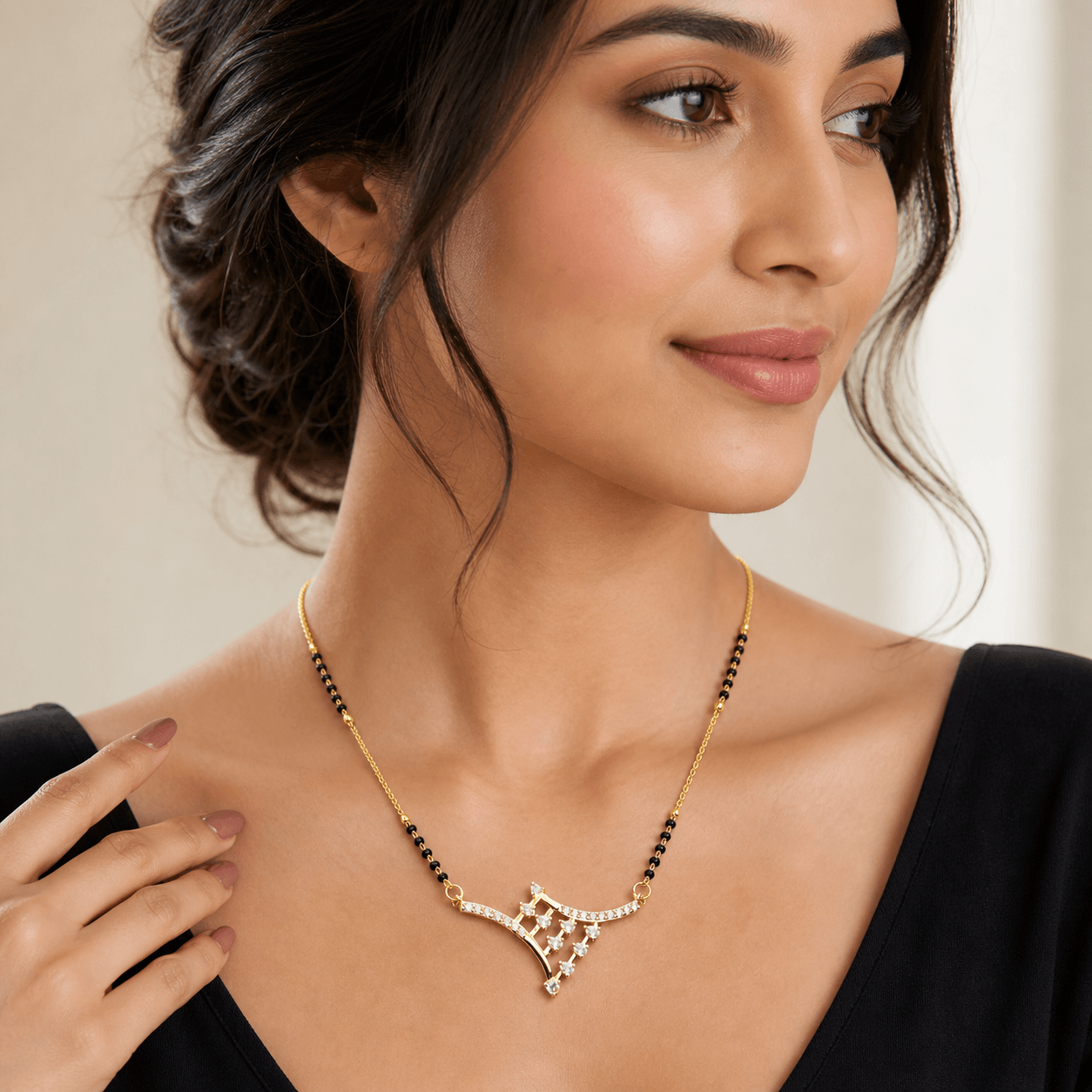 Black Beaded Designer Necklace with CZ Diamond Pendant - Image 3