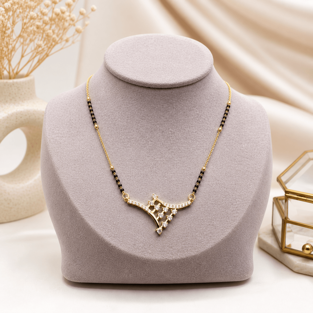 Black Beaded Designer Necklace with CZ Diamond Pendant - Image 2