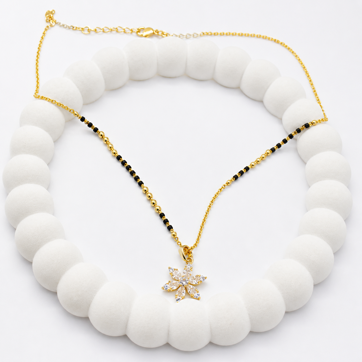 Black Beaded Managalsutra with Floral CZ Diamond Pendant - Image 2