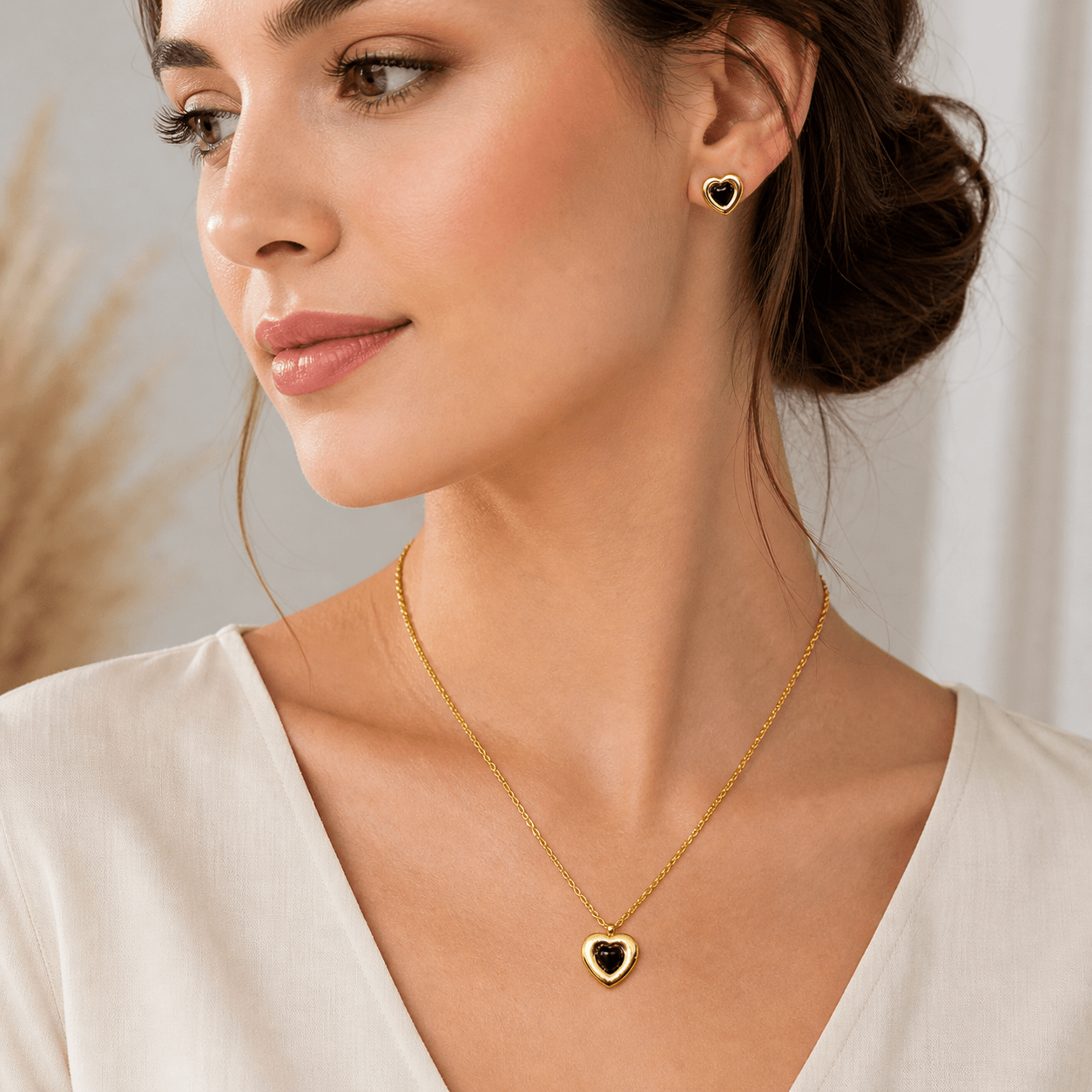 18K Gold Plated Black Heart Pendant Necklace & Stud Earrings Set | Elegant Minimal Jewelry | Risha Fine Jewel - Image 3