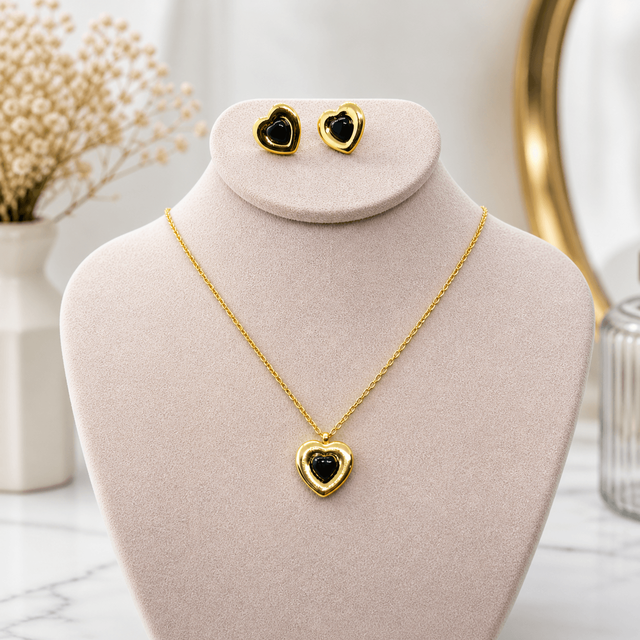 18K Gold Plated Black Heart Pendant Necklace & Stud Earrings Set | Elegant Minimal Jewelry | Risha Fine Jewel - Image 2