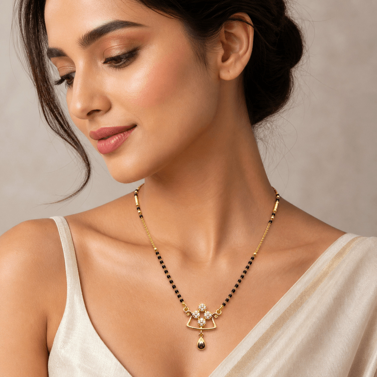 Designer Mangalsutra Necklace with Crystal Floral Pendant - Image 3