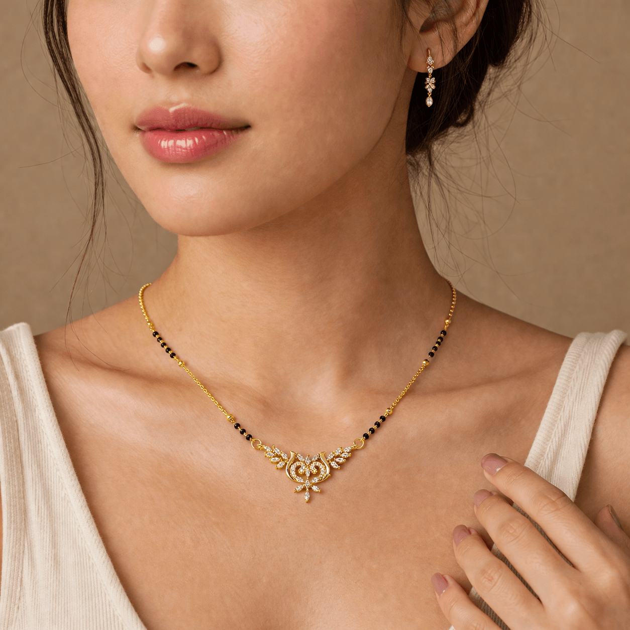 18K Gold Plated Designer Mangalsutra Necklace with Crystal Floral Pendant | Elegant Black Beaded Chain for Women - Image 3