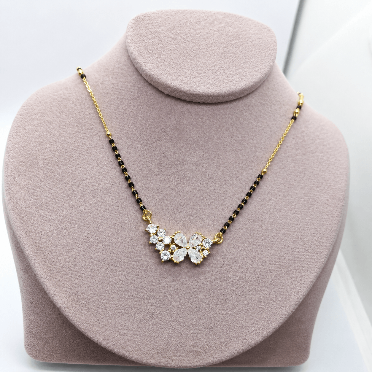 Floral Mangalsutra Necklace with Crystal Stones | Elegant Minimal Bridal & Daily Wear Jewelry