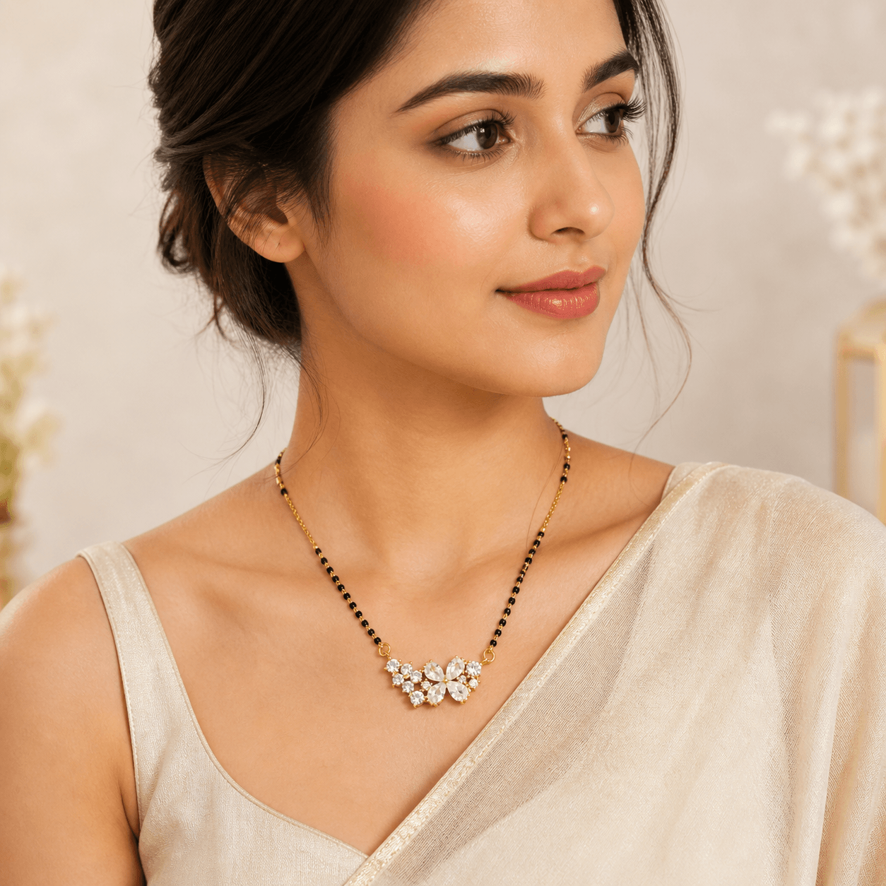 Floral Mangalsutra Necklace with Crystal Stones | Elegant Minimal Bridal & Daily Wear Jewelry - Image 3