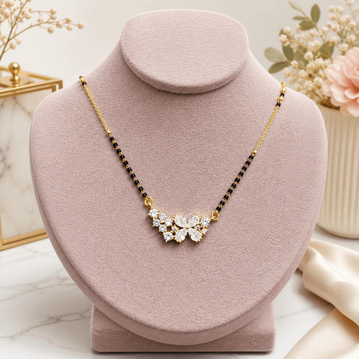 Floral Mangalsutra Necklace with Crystal Stones | Elegant Minimal Bridal & Daily Wear Jewelry - Image 2