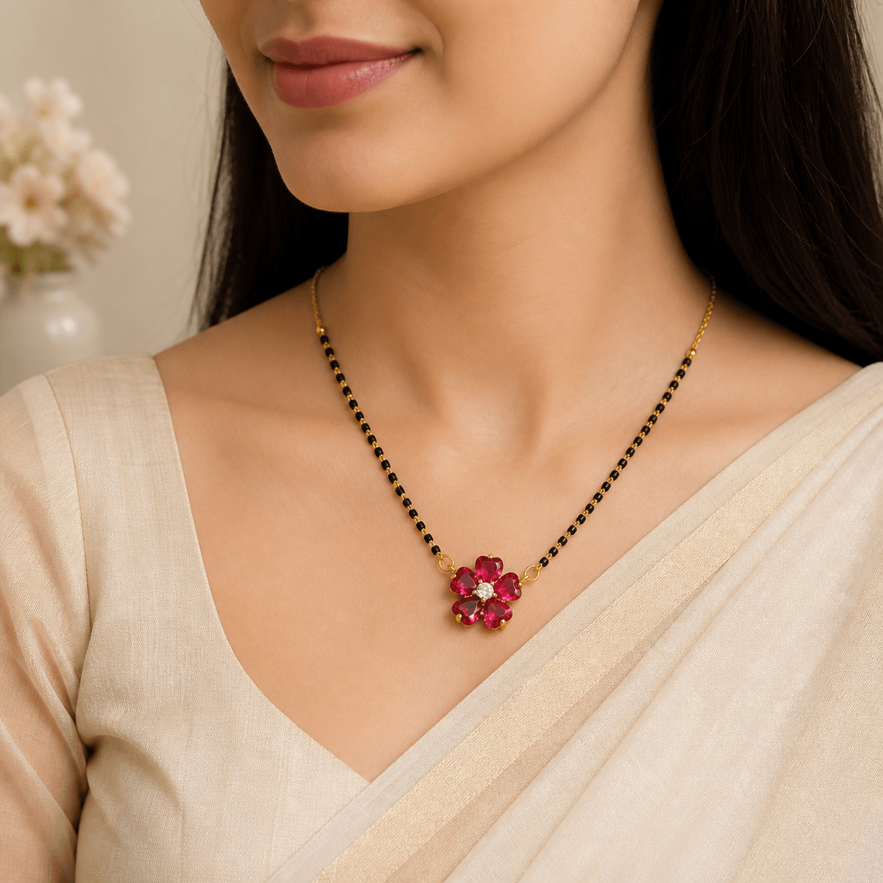 Floral Mangalsutra Necklace with Red Crystal Flower Pendant – Elegant Artificial Jewelry for Women - Image 3