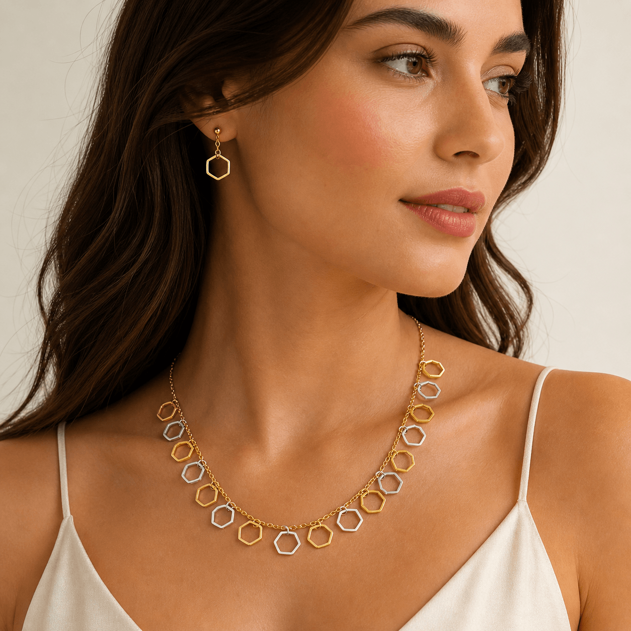 18K Gold Plated Geometric Hexagon Charm Necklace – Dual Tone Designer Statement Chain for Women - Image 3