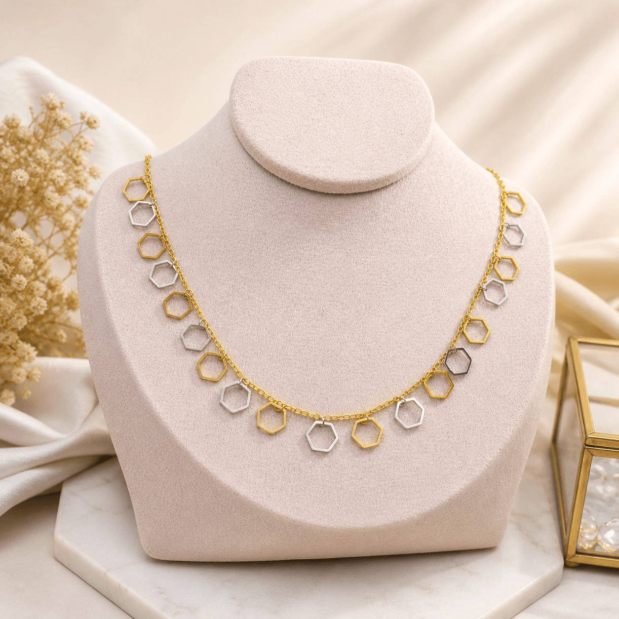 18K Gold Plated Geometric Hexagon Charm Necklace – Dual Tone Designer Statement Chain for Women - Image 2