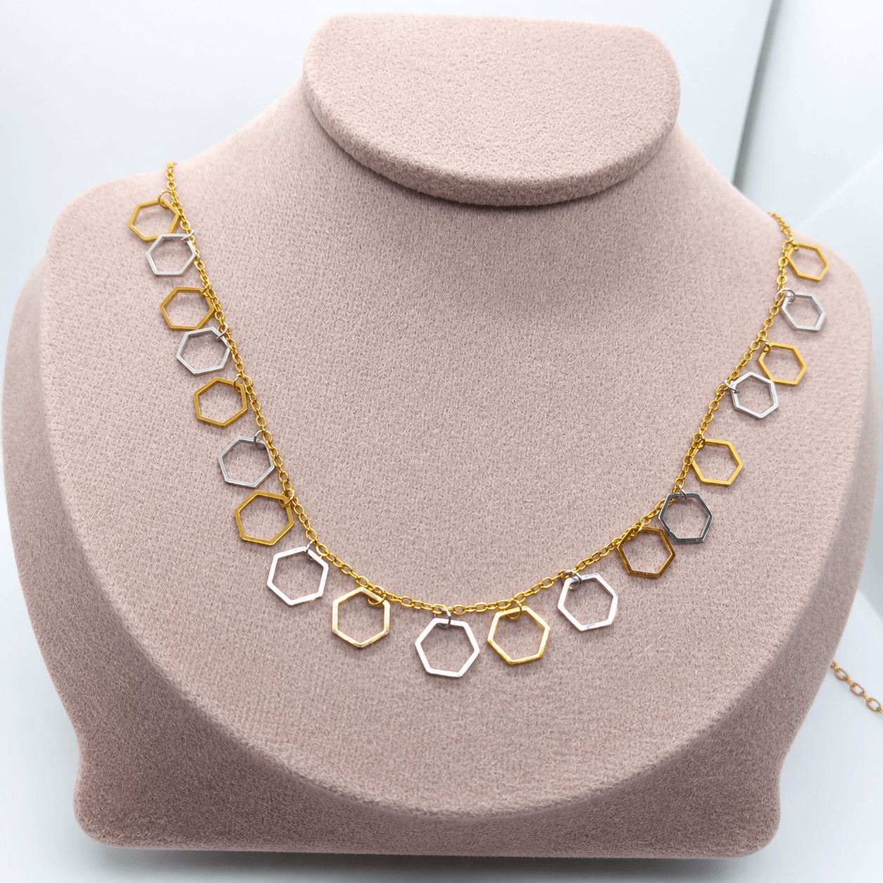18K Gold Plated Geometric Hexagon Charm Necklace – Dual Tone Designer Statement Chain for Women