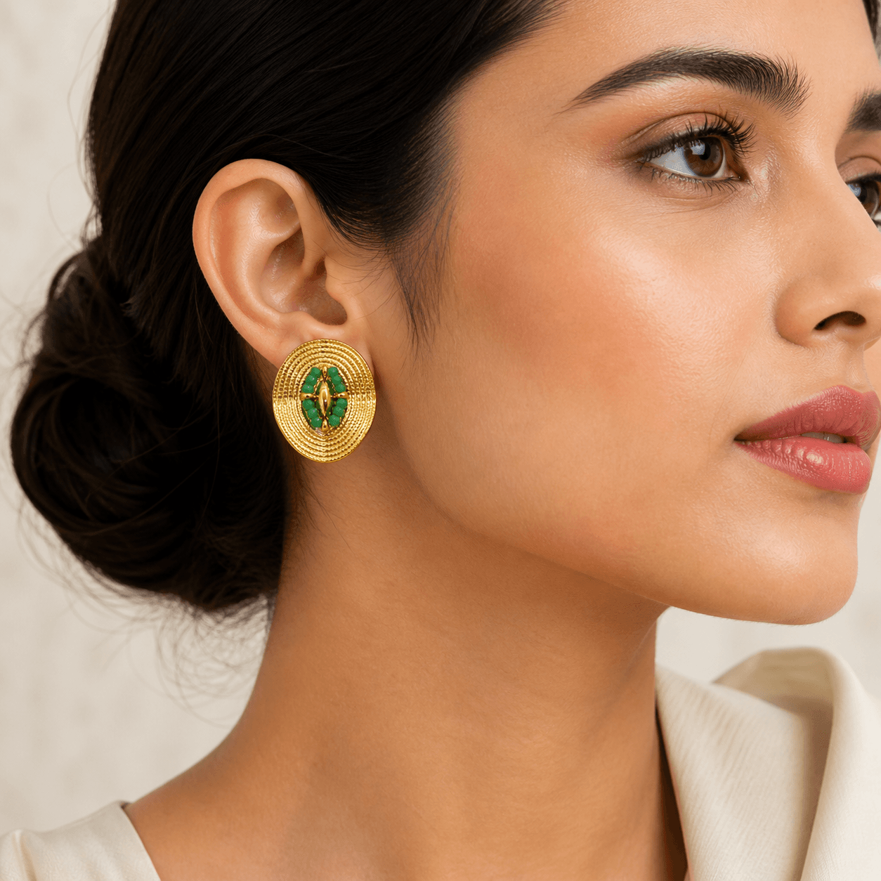 18K Gold Plated Green Stone Oval Stud Earrings – Luxury Statement Imitation Jewellery for Women - Image 3