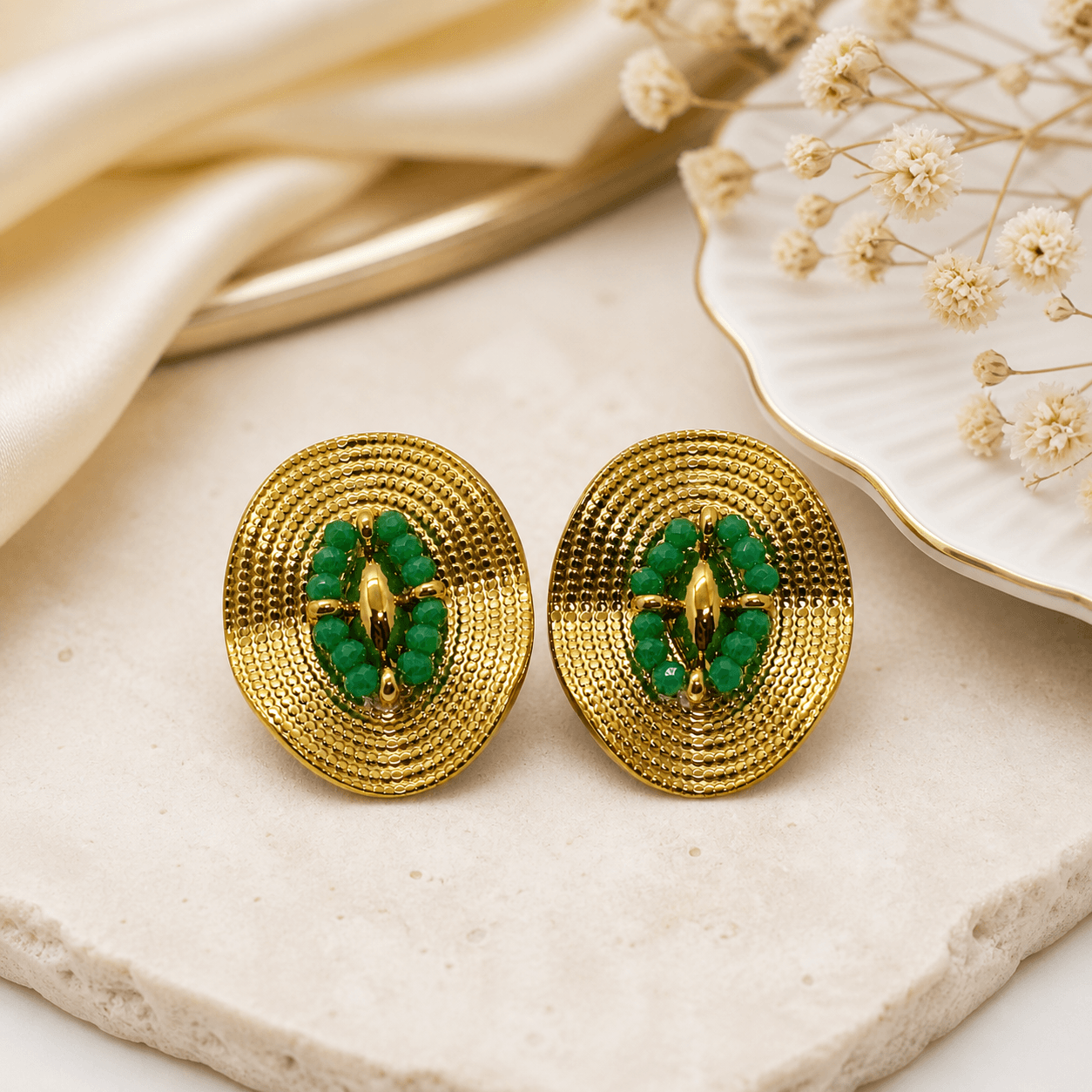 18K Gold Plated Green Stone Oval Stud Earrings – Luxury Statement Imitation Jewellery for Women - Image 2