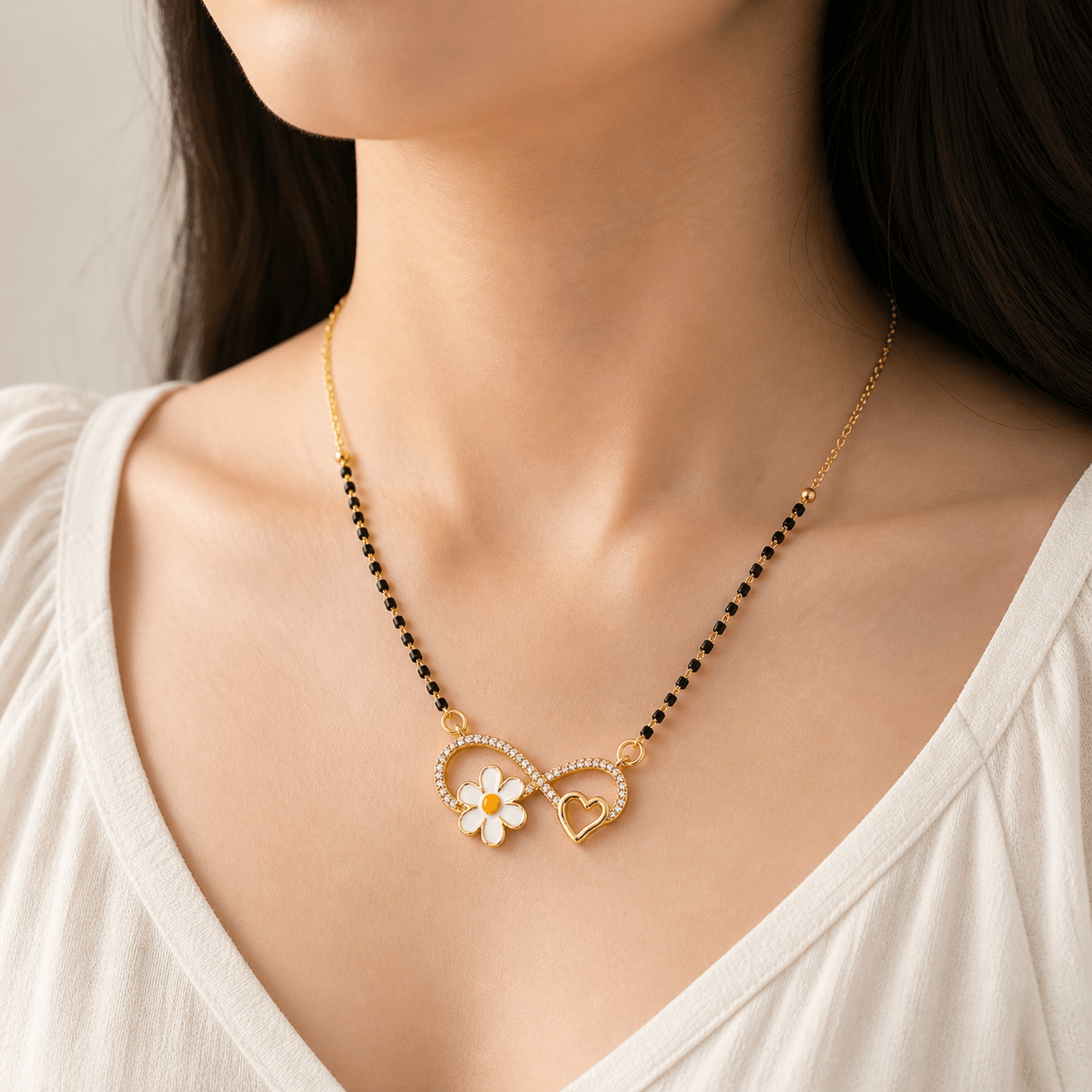 Infinity Heart & Daisy Mangalsutra Necklace for Women | Crystal Studded Elegant Pendant - Image 3