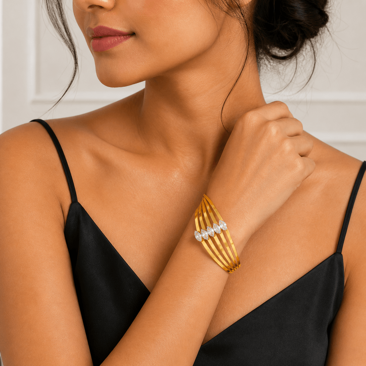 18K Gold Plated Multi-Layer Crystal Cuff Bracelet – Elegant Statement Design - Image 3