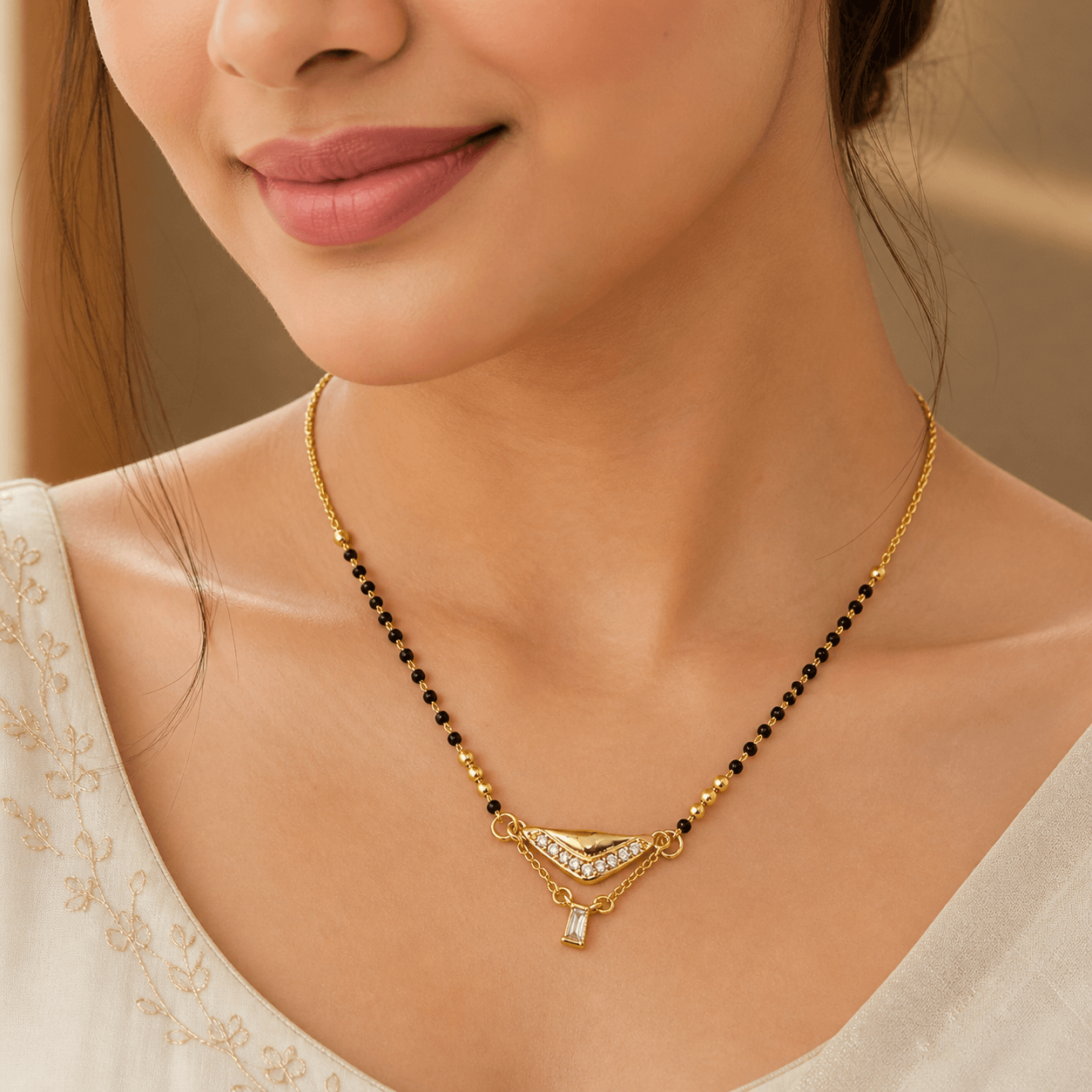 18K Gold Plated Mangalsutra Necklace with Crystal Pendant | Elegant Black Bead Chain Bridal Jewelry for Women - Image 3