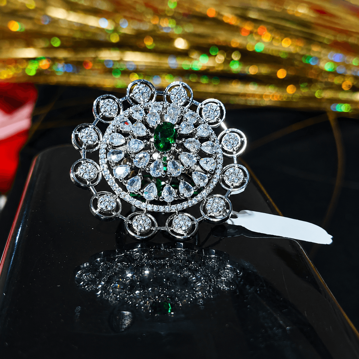 Emerald Bloom Statement Ring – Silver Plated Crystal Floral Cocktail Ring for Women