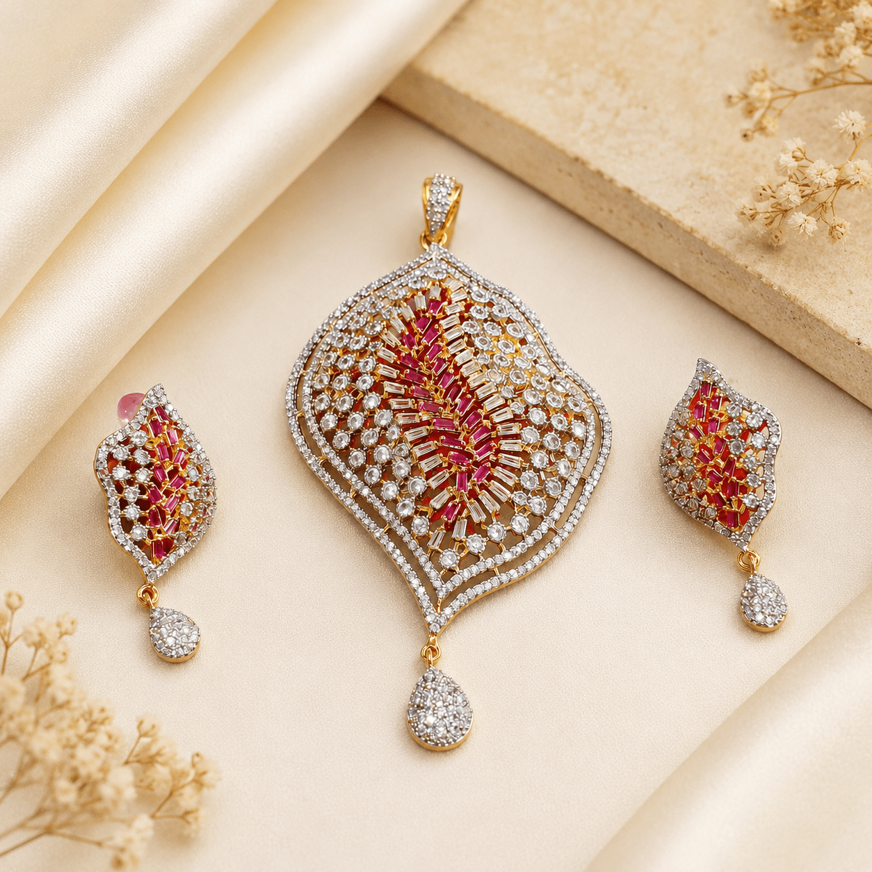 American Diamond Gold Plated Imitation Jewellery Set with Earrings - Image 2