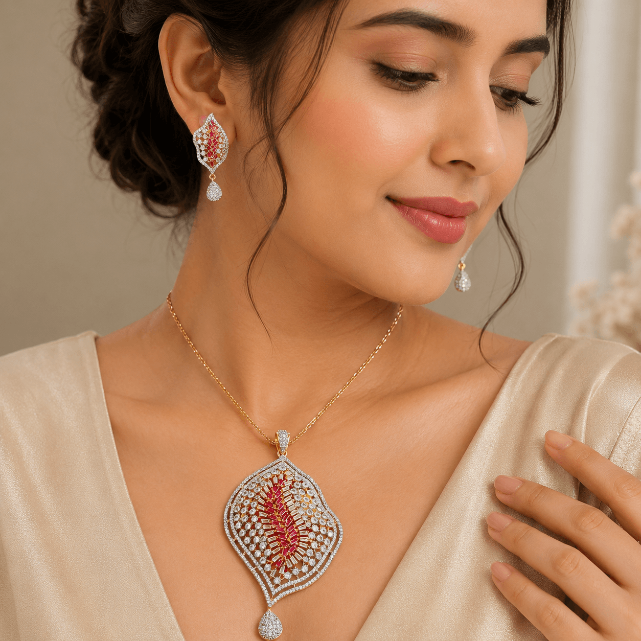 American Diamond Gold Plated Imitation Jewellery Set with Earrings - Image 3