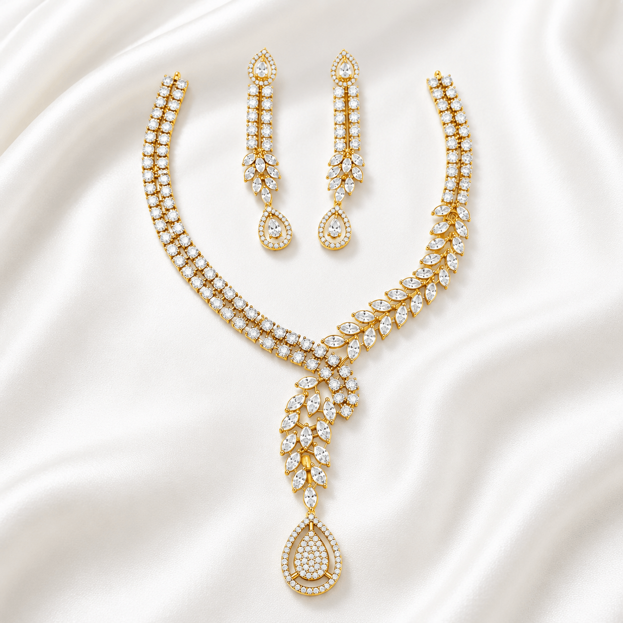 American Diamond Leaf Drop Necklace Set for Women - Image 2