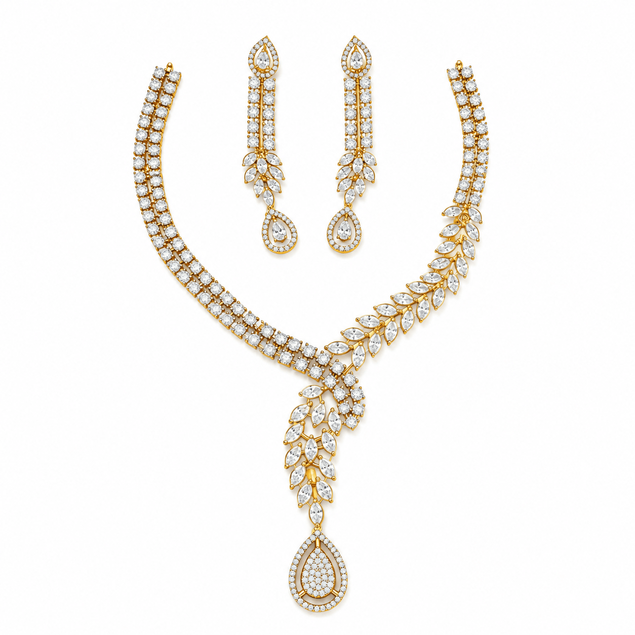 American Diamond Leaf Drop Necklace Set for Women