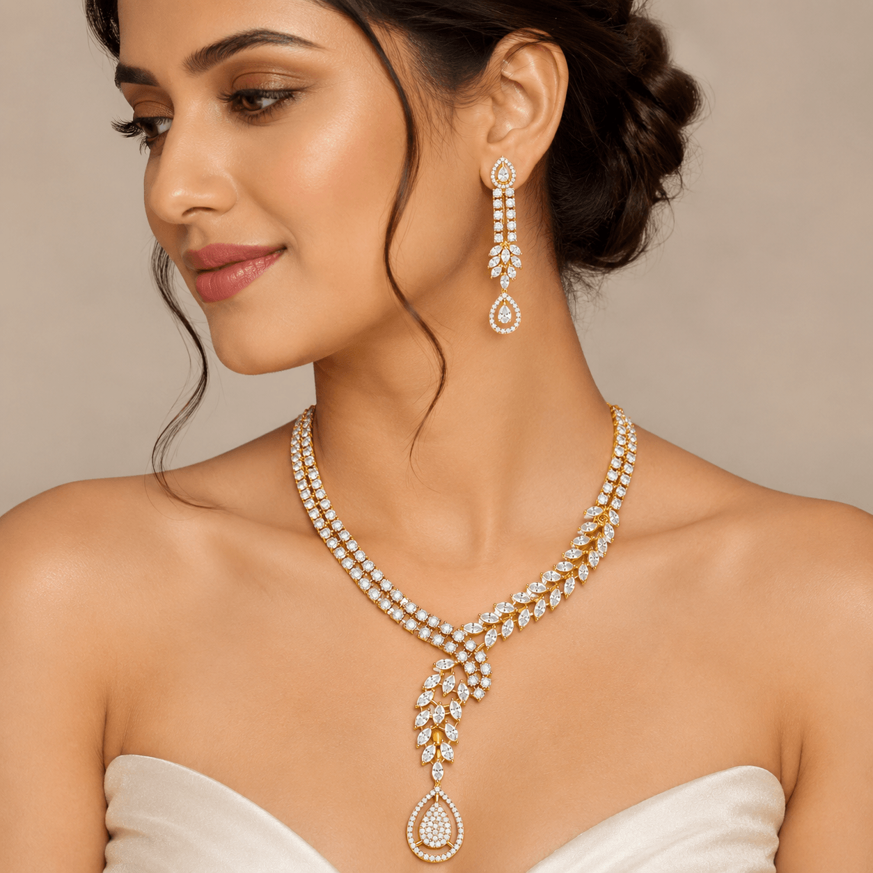 American Diamond Leaf Drop Necklace Set for Women - Image 3