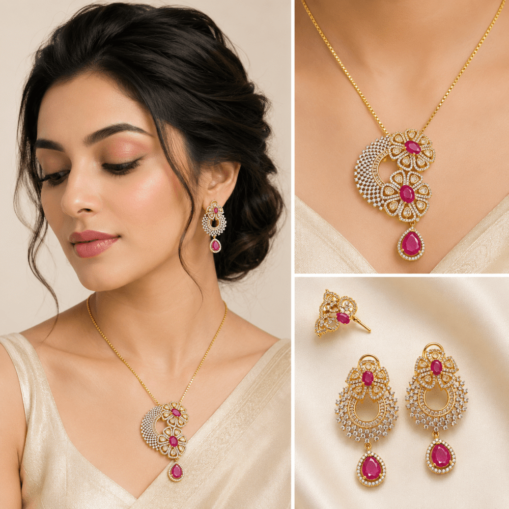 Pink Risha Designer Pink Stone American Diamond Pendant Set for Women – Risha Fine ...