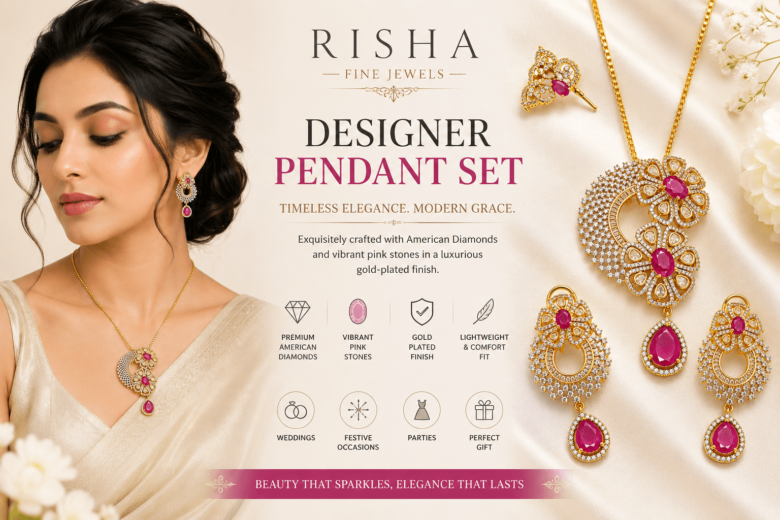 Pink Risha Designer Pink Stone American Diamond Pendant Set for Women – Risha Fine ...