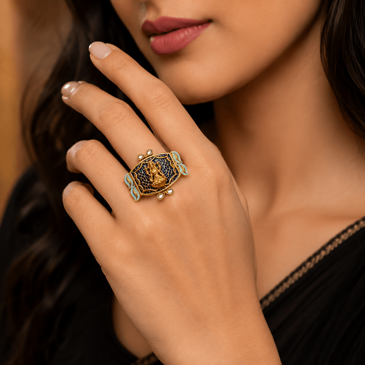 Divine Lakshmi Statement Ring – Gold Plated Blue Enamel Adjustable Cocktail Ring for Women - Image 3