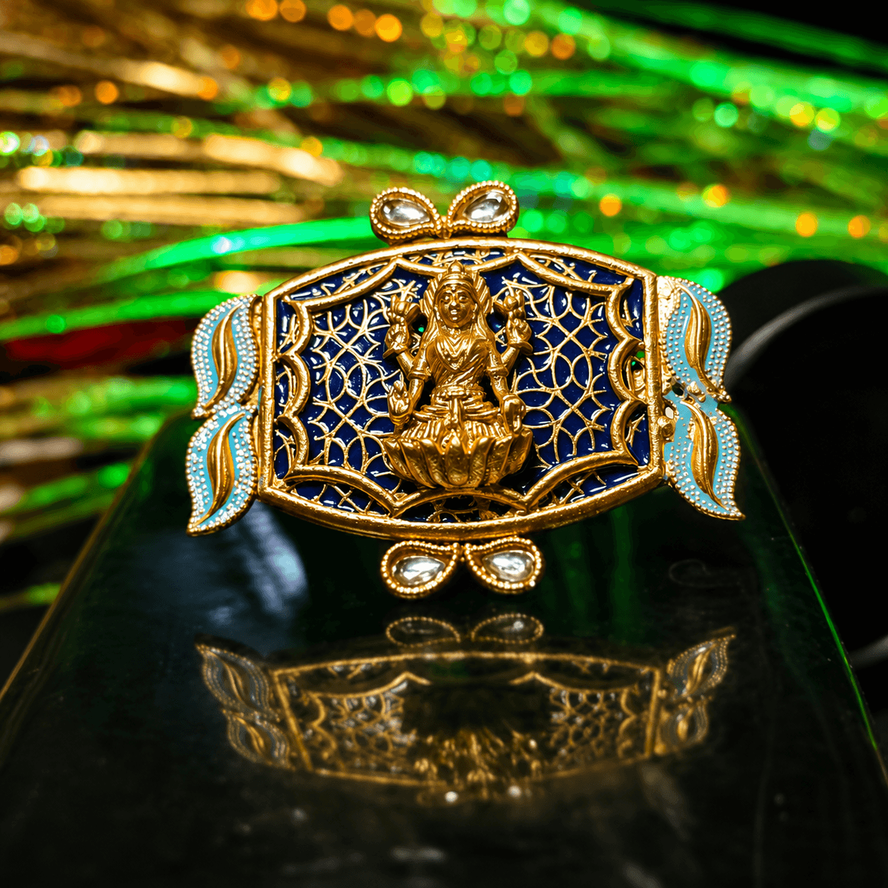 Divine Lakshmi Statement Ring – Gold Plated Blue Enamel Adjustable Cocktail Ring for Women